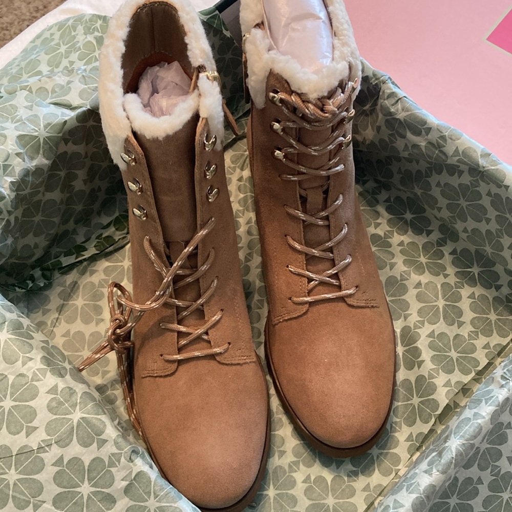 Kate Spade size 8: Rafferty Faux Shearling Trim Suede Ankle Boots. New in Box.